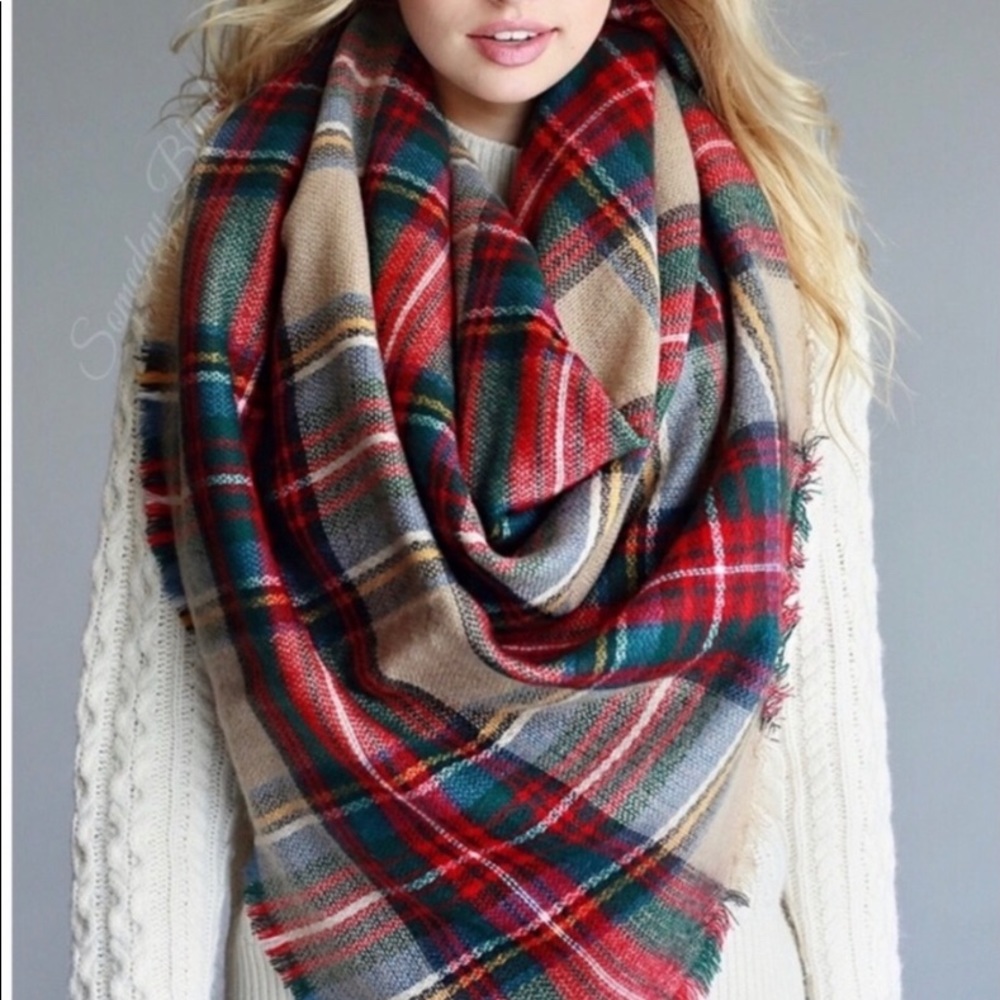 NWT red khaki green plaid square blanket scarf